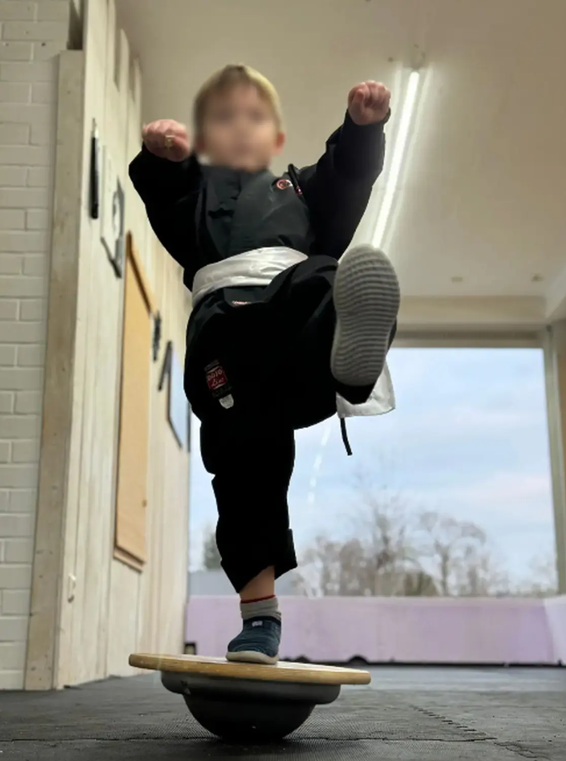 Kamikaze Kampfkunst, Trainingskurs, Kind steht auf einem Balancierball